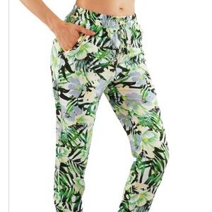 Casual soft joggers leaf print drawstrings